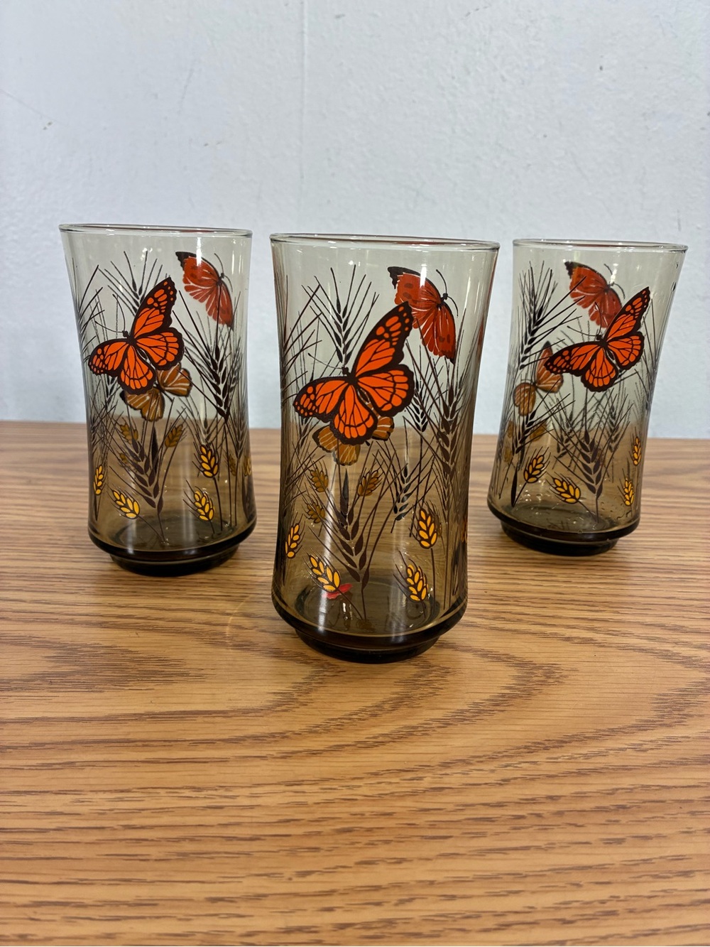 MCM Libbey Monarch Butterfly and wheat Glasses Amber 70's